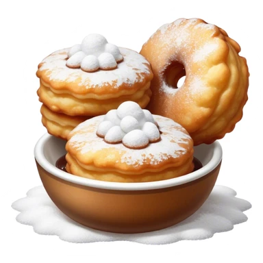 Buñuelo Cinematic Realistic Buñuelo Dessert Emoji, depicted as perfectly round, fluffy fritters served in a small bowl with a dusting of powdered sugar, rendered with vibrant textures and warm, inviting lighting. sticker