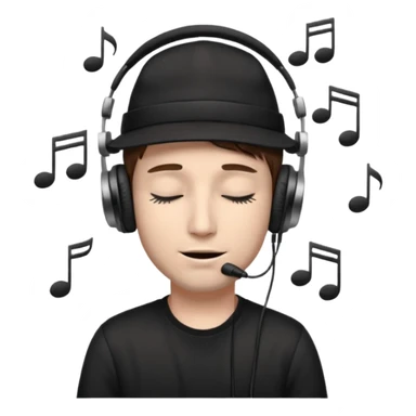 dj man white with baseball cap - rayban glasses - brown hair - closed eyes with headphones on with musical note over head (listening to music ) - eyes closed no glasses - black hat  musical notes floating around head - NO GLASSES sticker