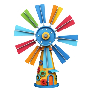 whimsical and creative windmill constructed from assorted junk and scrap materials, visible gears and mismatched parts sticker