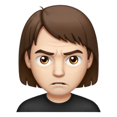A man with brown hair and brown eyes, a little angry but kind at the same time. He has a bob-style hairstyle that covers his ears, has bangs in front of his eyebrows, and white skin. sticker