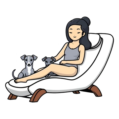 Very thin Chinese woman with long black hair relaxing on a spa lounger with exactly ONE whippet dog. EXTREME IMPORTANCE: the whippet must have a COMPLETELY GREY FACE with ABSOLUTELY NO WHITE MARKINGS anywhere on its face, muzzle, or nose. The entire dog must be ONE SOLID VERY DARK CHARCOAL GREY COLOR from nose to tail with NO WHITE or LIGHT AREAS anywhere - NO white on face, NO white on muzzle, NO white on chest, NO white on paws, NO white on tail - NOTHING BUT A SINGLE SHADE OF VERY DARK GREY throughout the entire animal sticker