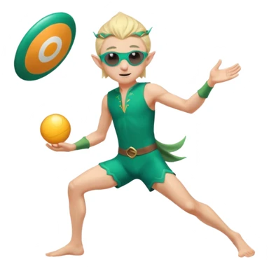 elf male legolas launching a frisbee woven from pure sunlight, wearing sporty teal swim shorts and performance sunglasses, pointy ears, centered emoji sticker