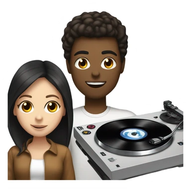 3 people: a white girl with dark hair, a brown girl, and a white guy behind DJ turntables together sticker