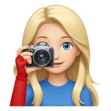  blue eyes blonde girl photographer cartoon taking picture in middle of taking picture camera in front of face long hair smiling funny flash professional, camera in front of face sticker