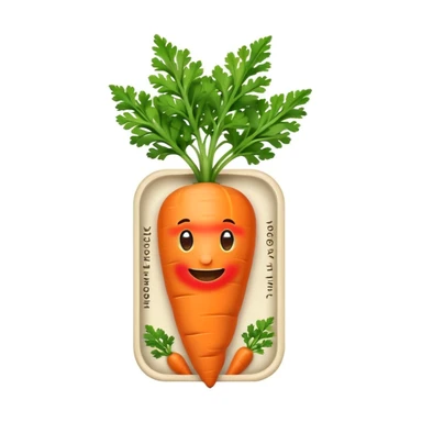 cute emoji-style carrot seed pack, small rectangular seed package with vibrant orange carrot illustration on the front, green carrot leaves sticking out slightly, friendly and cartoonish design, clean white background, minimalistic emoji style, outlined with smooth edges and soft shadows sticker