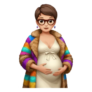 pregnant stylish woman with short pixie brunette hair happily touching her big belly while wearing white dress and fancy brown fur coat and colorful shades sticker