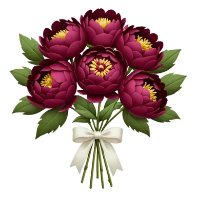 Big bouquet of burgundy peonies with a white satin ribbon sticker