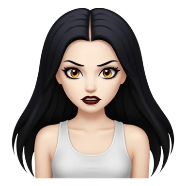 White woman with a white tank top long black hair glossy middle part straight long hair vamp look with fangs brown eyes eyeliner winged with lashes top and bottom white border big lips black eyebrows sticker