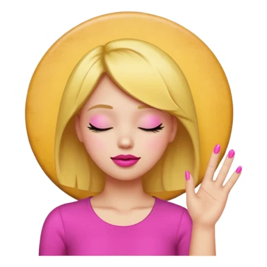 Yellow circle emoji sighing and drumming fingers up the side of their head the eye is closed it is a side profile pink lipstick and pink nails sticker
