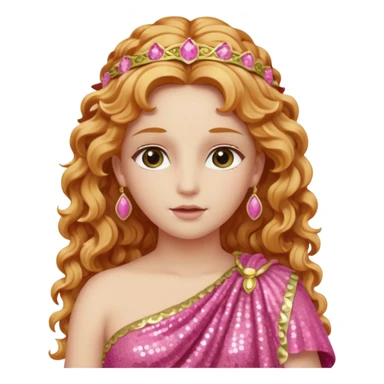 Venus, Goddess of Love from Roman Deities with long strawberry blonde wavy hair, pink sequin toga sticker