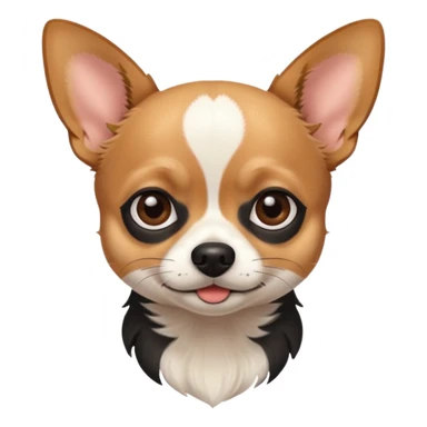 Chihuahua with white black fur on the forehead and a brown snout with a black nose sticker
