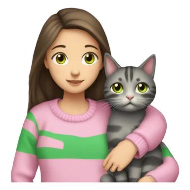 Brunette girl with long hair and green eyes in a pink sweater hugs a gray striped cat. The cat has brown eyes sticker