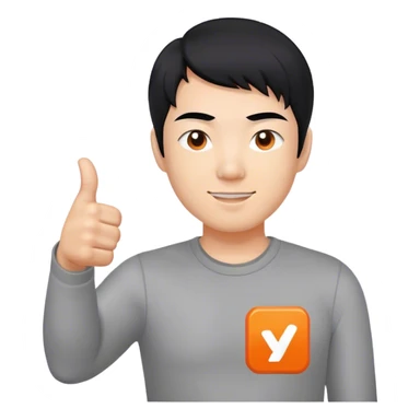 Thumbs up, but with black hair representing an asian man. Grey shirt, with a small logo that is shaped in solid Orange, and a white "Y" inside of it. sticker