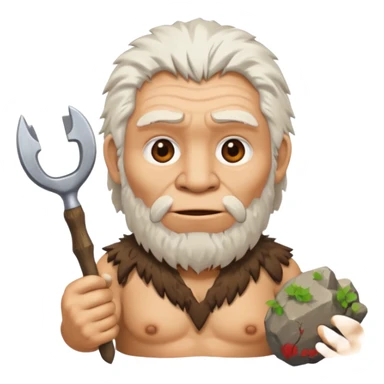 cartoon old Neanderthal with messy white hair and stone tool emoji style sticker