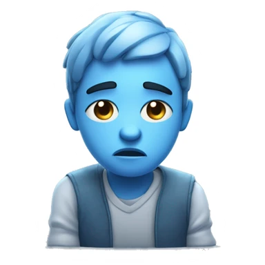 A sad 3D character sitting with slouched shoulders, looking down, and frowning. Teardrops on the face, hands resting in their lap, with soft blue tones enhancing the melancholic mood. sticker