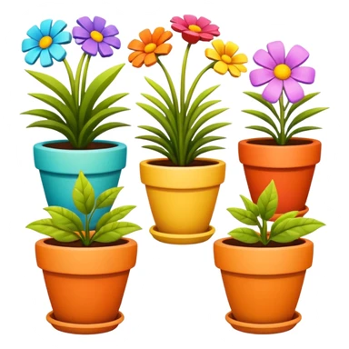 flower pots object icon, colorful plant pots with blooming flowers, ceramic and clay textures, vibrant garden vibe, 3D cartoon style, mobile game icon style, centered composition, clean background, no text, no watermark
 sticker