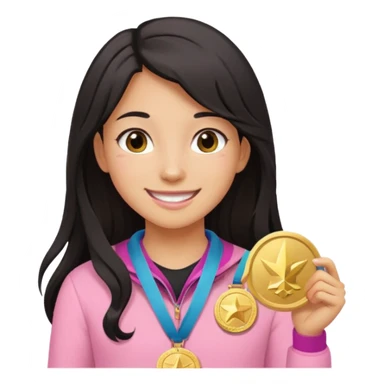 black haired girl wearing pastel pink with one medal, remove any hats, make her smile, make her hair longer, make her tan. no blue please and i said one medal only sticker