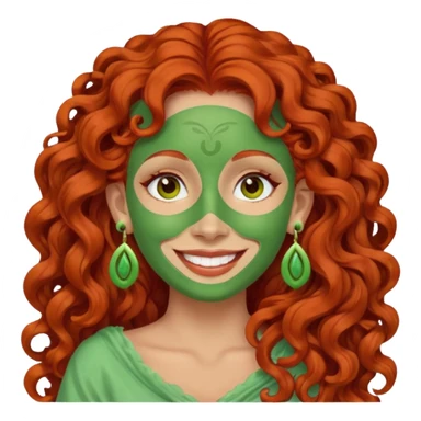 red haired very long curly haired woman with full face light green clay mask  and big earrings  sticker