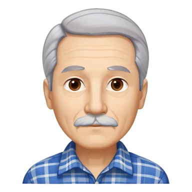 Senior Hispanic man with light complexion. Elongated face with wise expression. Relaxed brown eyes with gentle gaze. Thin eyebrows. White mustache connected to chin beard. Gray-white straight hair swept back. Wearing a beige and blue plaid long-sleeved shirt. sticker