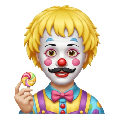 Funny clown — yellow wig, mustache, candy in hand sticker