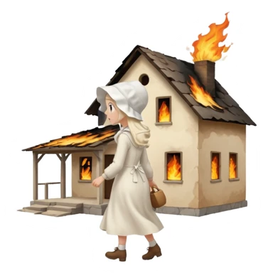 handmaids tale style woman burning house down walking away from house. shes wearing the nun hands maid tale hat cant see her face sticker