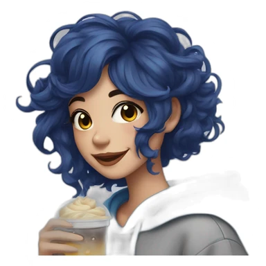 beautiful girl with midnight blue hair, bright smile, comfy hoodie, drinking boba sticker