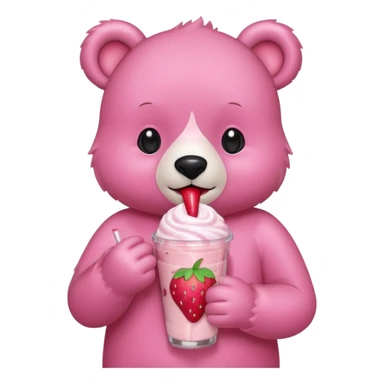 A pink bear is holding a strawberry and drinking a strawberry milkshake 
transparent background 
the style should be a teenager's hand-drawn, 2D, 2020s Japanese character-like sticker