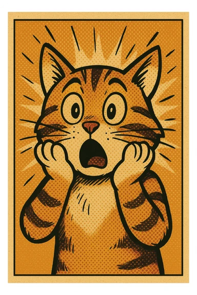 a surprised cat with paws on cheeks, comic style sticker