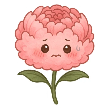 chibi fluffy pink peony flower with a round body, blushing cheeks, nervous expression, full-body sticker