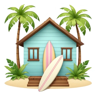Hawaiian bungalow house, pastel colors, wooden porch, surfboard leaning on wall, palm leaves, tropical vibe, cute mobile game icon style, 3D cartoon, clean background, no text
 sticker