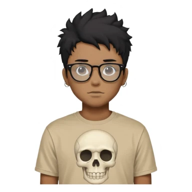 black anime hair guy with skeleton makeup wearing a stussy tshirt with glasses sticker