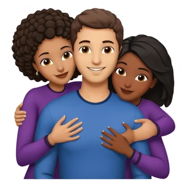  middle Eastern man with short brown hairwith two black african women both are African one is medium tone skin black and one is medium tone black with african hair styles. and they are all smiling and putting their arms around each other and kissing and hugging. sticker