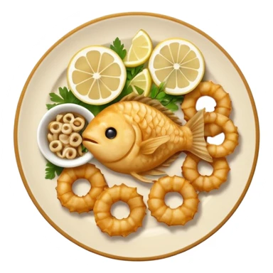 apple style ios emoji of a round ceramic plate with assorted small fried fish pescaito frito anchovies calamari rings tiny whole fish golden crispy with lemon wedges and parsley warm golden brown light yellow white tones soft shading cute minimalistic clean composition sticker