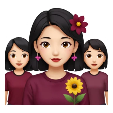 A Korean woman with messy and stylish black hair, a flower in her ear and an iconic Y2K shirt maroon and brown hazel eyes, makeup sweetie,A Style Vibe in the Crowd sticker