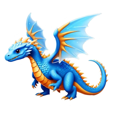 Create a majestic aquatic ice drake with a protective shell, combining the first creature's friendly demeanor and defensive capabilities with the second creature's draconic elegance and elemental power, resulting in a creature that glides through frozen waters with glowing blue spines and gentle orange-gold wings. sticker
