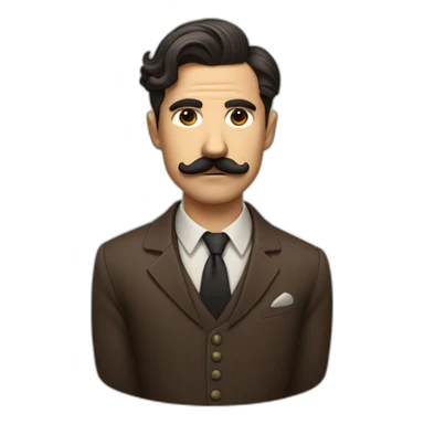 dissatisfied man with a Charlie Chaplin mustache and a moderately long oblique haircut in a brown suit sticker
