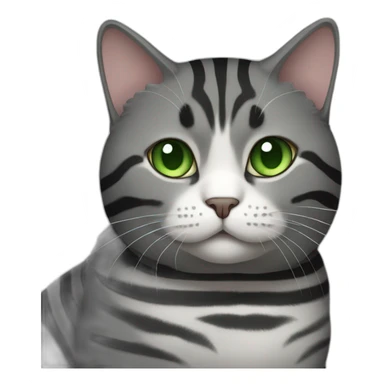 Chubby Striped dark grey female cat with Green eyes and white chest sticker