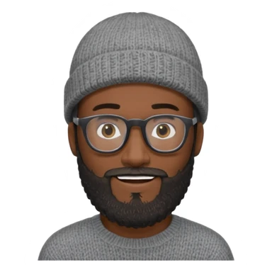 A dark-skinned man with a gray knit beanie, black glasses, a full beard, and a friendly smile. sticker