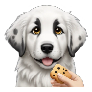 Great pyrenees puppy with black spot on one eye posing on the side looking at a hand with a treat sticker
