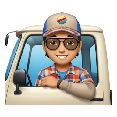 Cute emoji style illustration of a Peruvian truck driver, smiling young “chofercito carretero”, wearing baseball cap, sunglasses, plaid shirt, leaning out of a Hino 500 truck window, vibrant colors, bold outlines, glossy 3D emoji style, sticker design, transparent background sticker