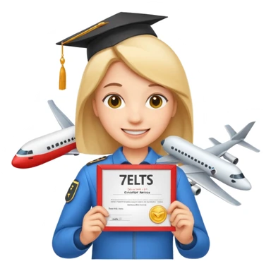 emoji student happy holding certificate IELTS 7.0, success, airplane, white background sticker