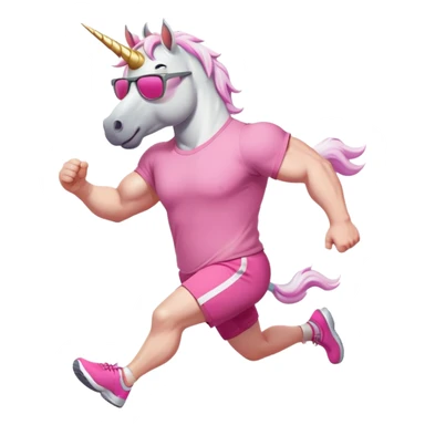 friendly anthropomorphised male white unicorn with a fit, chunky, muscular and strong physique, arms and legs matching the white of the head, in grey shorts and pink t-shirt, wearing dark sunglasses, jogging upright in a standard pose sticker