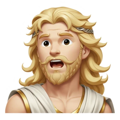 Cinematic Realistic Thor Portrait, head tilted slightly with a dramatic, wide-open yawn, revealing a moment of unguarded human vulnerability amidst his divine stature. His fair, luminous skin and elegantly styled, wavy golden hair maintain their sculptural perfection even in repose. Dressed in a flowing white toga with understated golden accents, the portrait is bathed in soft natural light, capturing a rare glimpse of relaxed, timeless strength from a Greek god reborn. sticker