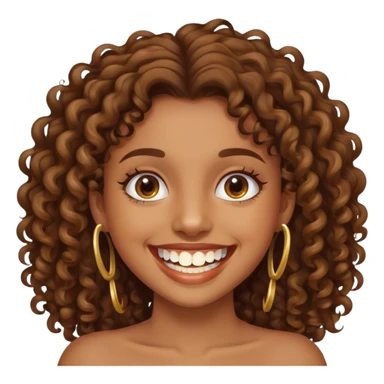 Brown haired curly hair girl smiling showing gold teeth sticker