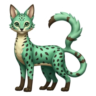 Epic complex detailed dark-emerald-green dark-brown beige pastel realistic aesthetic-scenic-Fakémon-Sprigatito-Floragato-Meowscarada-Trico-Sergal-Serval-Vernid-creature (full body) sticker