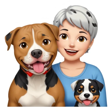 Pitt bull rottweiler white muzzle with black spots tongue out next to middle aged woman with short silver hair sticker