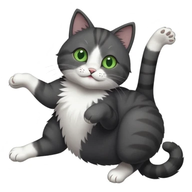 solid dark grey cat with green eyes, white toes/paws and white patch on her chest playfully rolling upside down sticker
