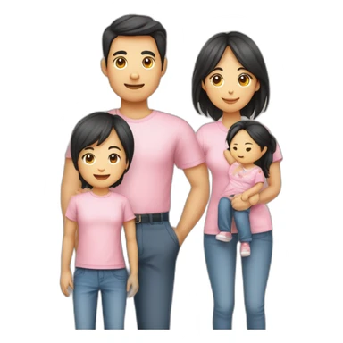 Famille 4 personne un fils aîné avec un t-shirt de basket une fille cadette au cheveux long un père asiatique une mère avec des formes sticker