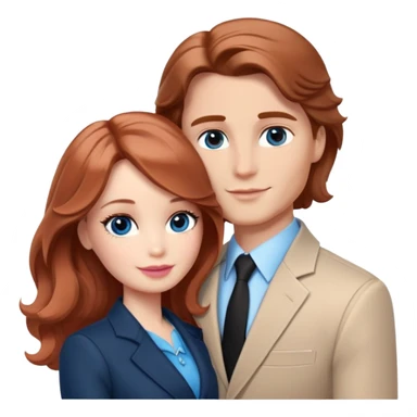 Barbie girl  , eyes blue , Chestnut red long wavy hair In pale beige clothes, Hugs a man with light brown hair short haircut, brown eyes , and a black suit sticker