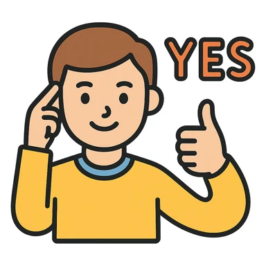 character with hand to temple, then hand moves away, with text 'yes' sticker